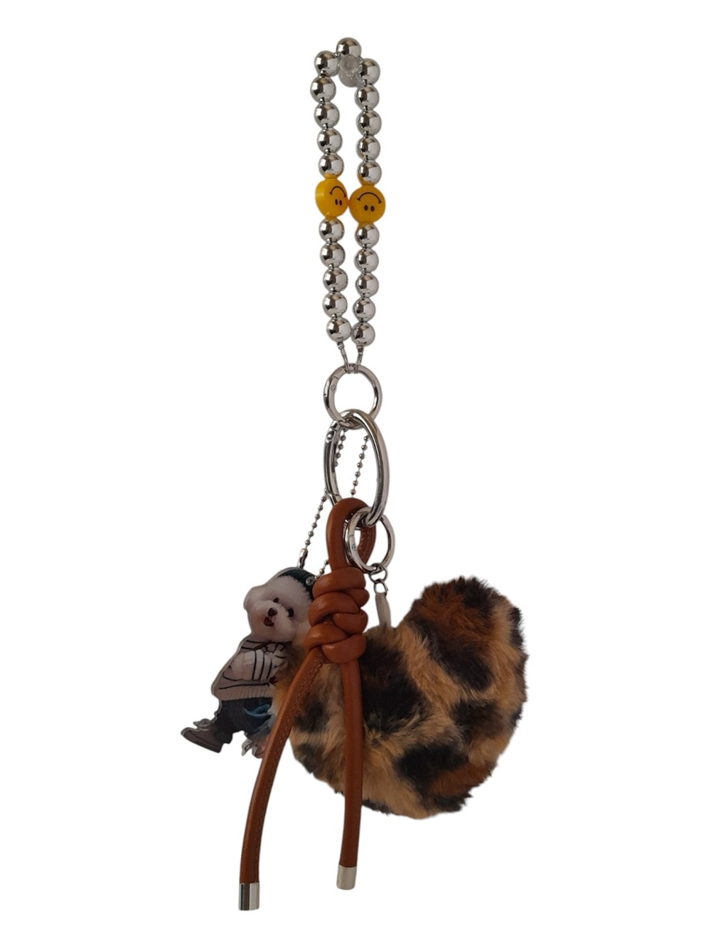 Leopard Faux Fur Heart Pom Pom Bag Charm Leather Knot Tassel Keychain - Picture 7 of 7